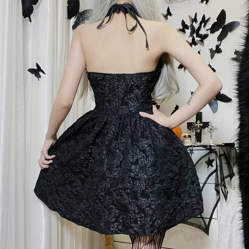 Floral Mini Y2K Lace Up Sexy Backless Halter Lace Sleeveless Jacquard Luxury Fairy Bodycon Dress