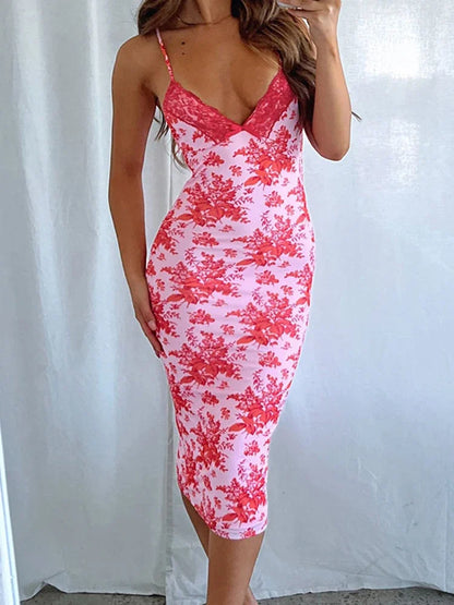 Floral Print V Neck Lace Slip for Women's Club Party Sexy Backless Sunes Midi Dress Summer