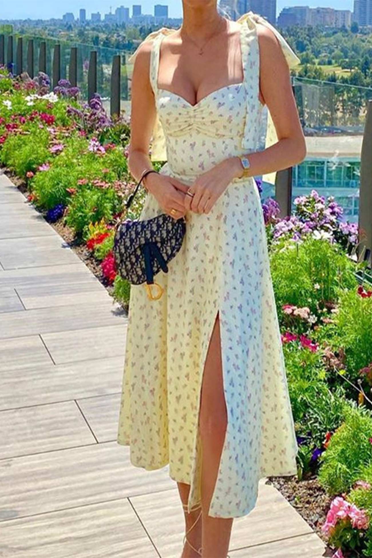 Floral Print Split Dress with Tie-Straps