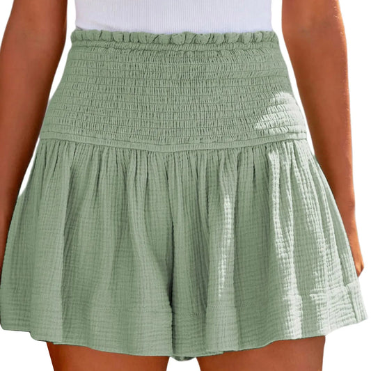 Flowy Casual Cotton Elastic Waisted Pleated Ruffle Cute Short