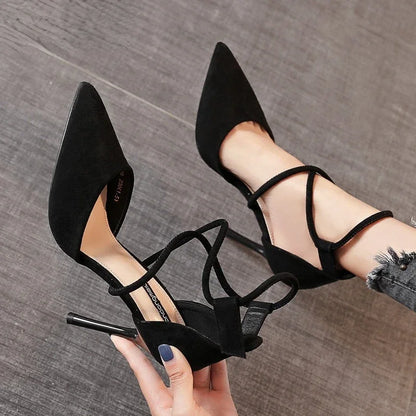 Four Seasons Women's Suede High Heels 9cm2023 Pointed Stiletto Fashion Black Wedding Shoes Nude Bridal Shoes