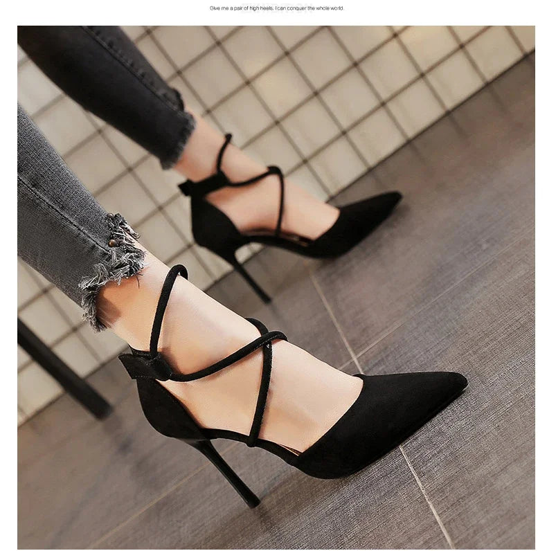 Four Seasons Women's Suede High Heels 9cm2023 Pointed Stiletto Fashion Black Wedding Shoes Nude Bridal Shoes