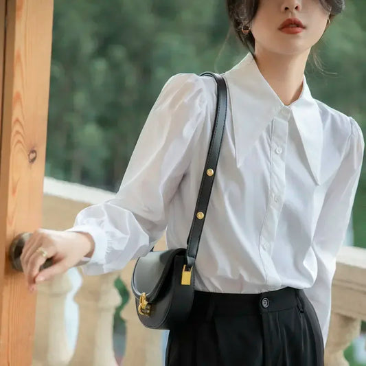 Chic Puff Sleeve Turn Down Collar White Blouse blouse-250126