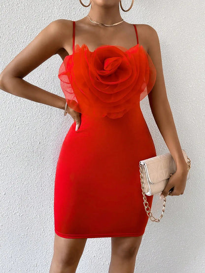 Floral Cami Braces Backless Red Christmas Party Dress