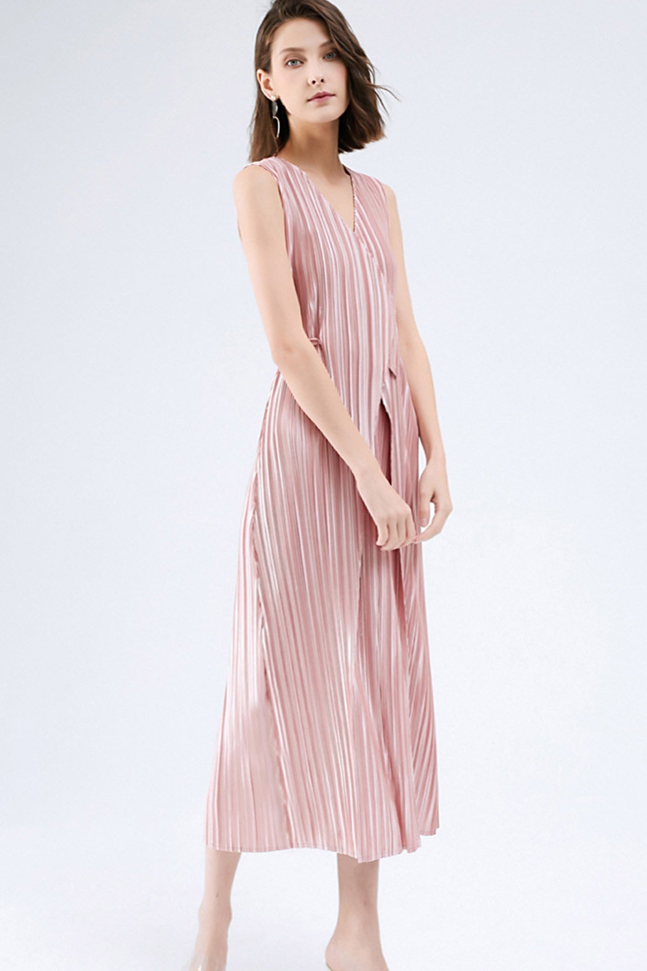 Pleated Glossy Tie-Strap Dress