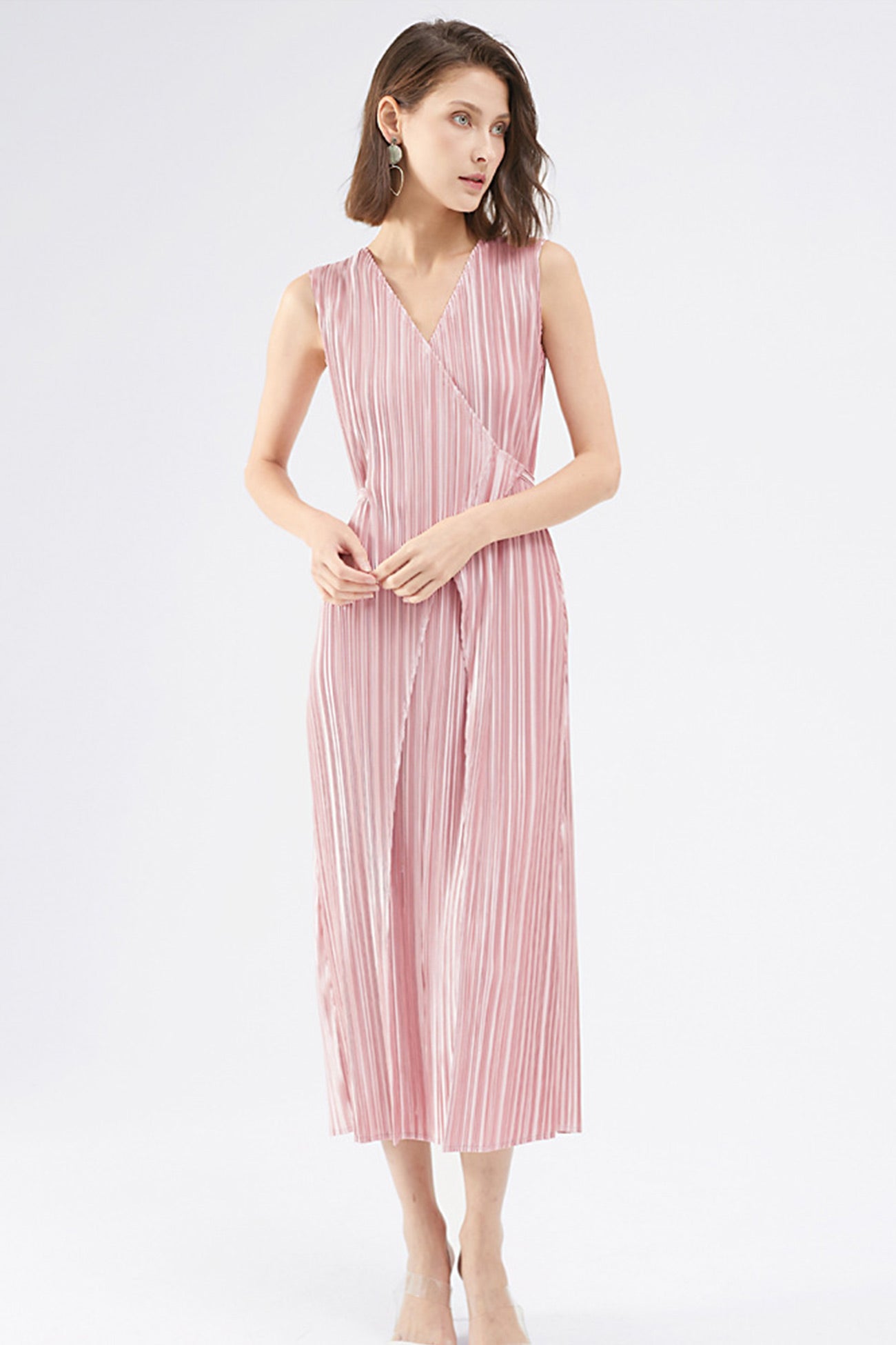 Pleated Glossy Tie-Strap Dress