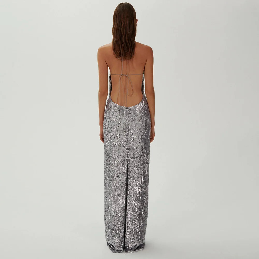 Silver Sequin Backless Evening Party Dress Partydress-241208