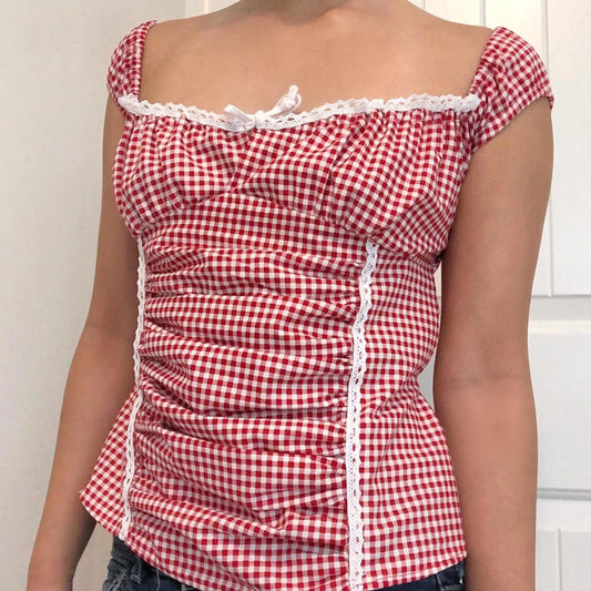 Rotes, gekräuseltes Crop-Top mit Vichy-Karomuster