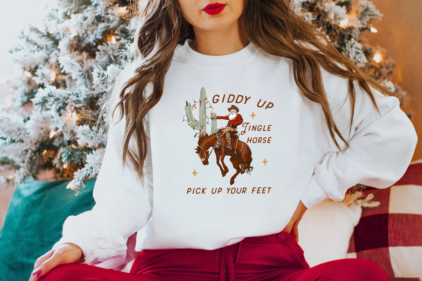 Cute Giddy Up Jingle Horse Cotton Slogan Christmas Hoodie