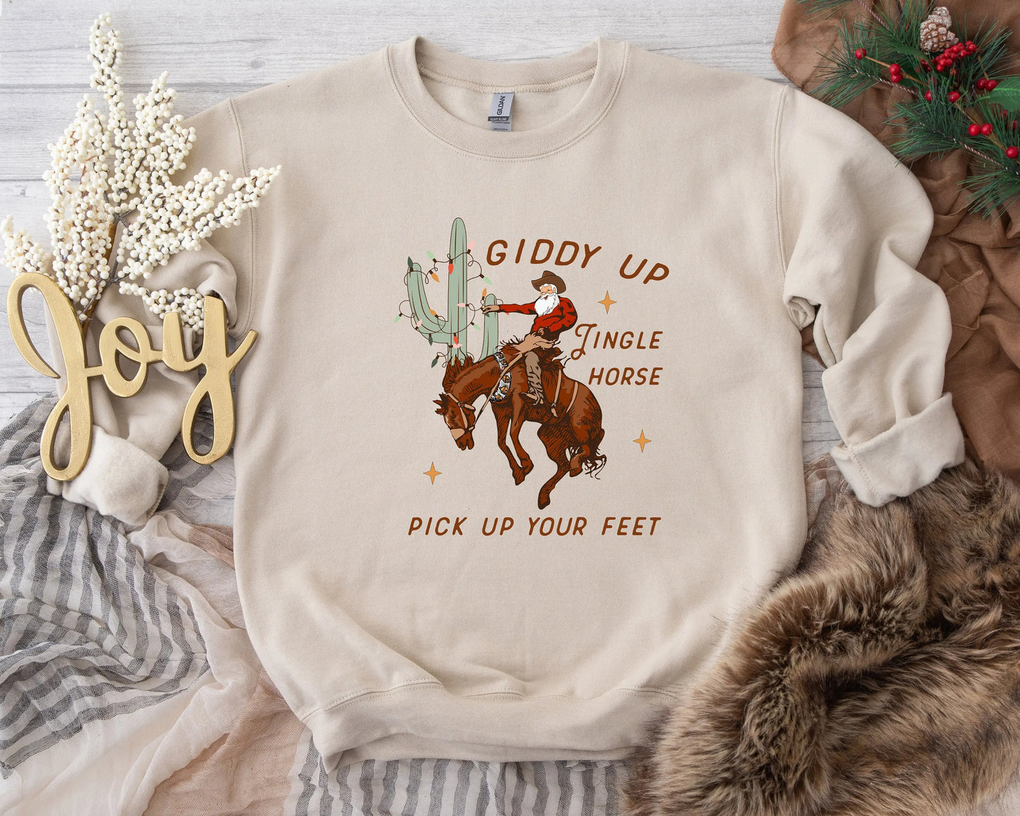 Cute Giddy Up Jingle Horse Cotton Slogan Christmas Hoodie