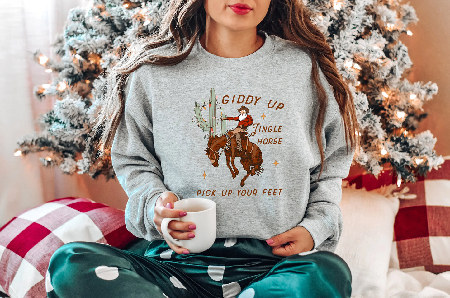 Cute Giddy Up Jingle Horse Cotton Slogan Christmas Hoodie