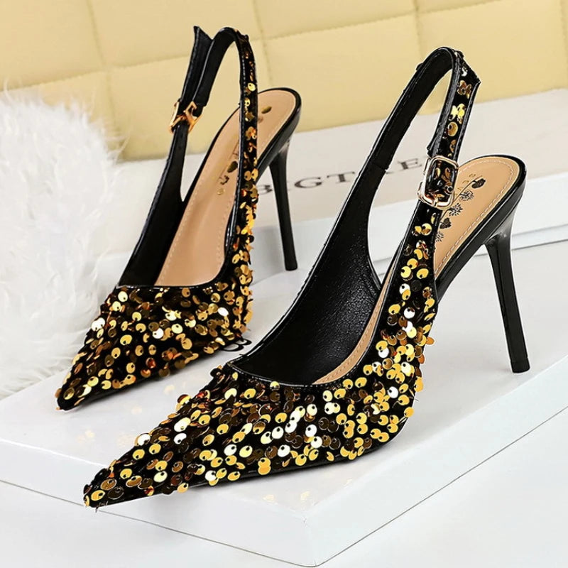 Glitter High Heels Pointed Toe Pumps Party Dress Shoes Golden Thin Heels Slingback Sandals Female Fashion