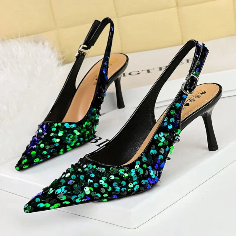 Glitter High Heels Pointed Toe Pumps Party Dress Shoes Golden Thin Heels Slingback Sandals Female Fashion