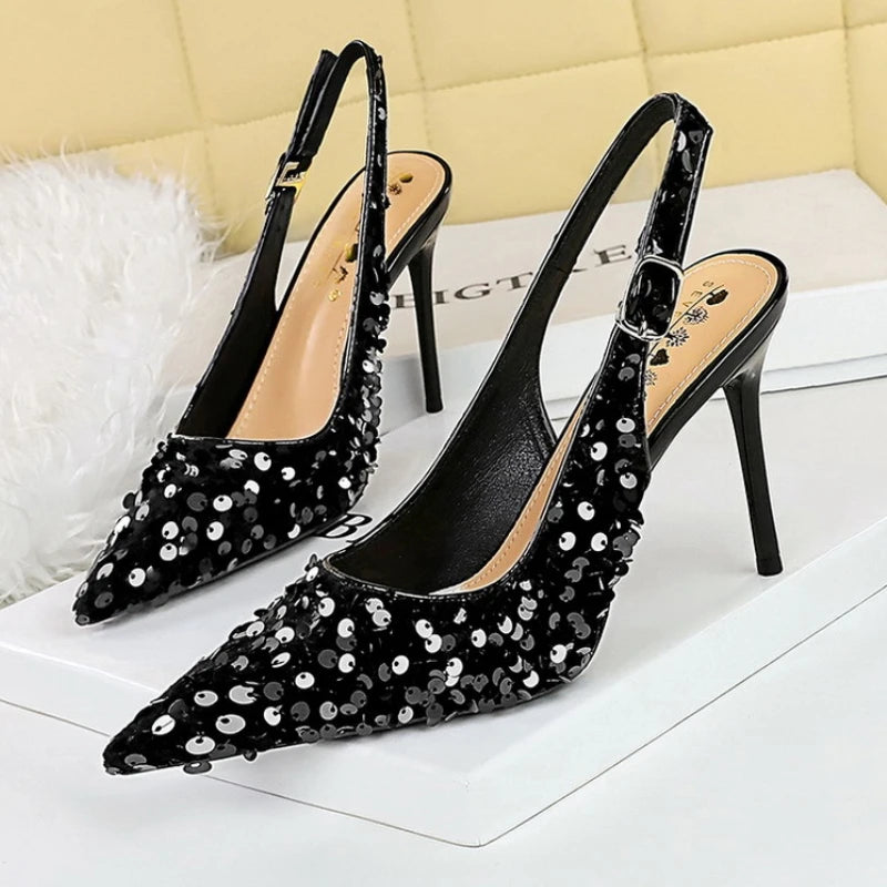 Glitter High Heels Pointed Toe Pumps Party Dress Shoes Golden Thin Heels Slingback Sandals Female Fashion