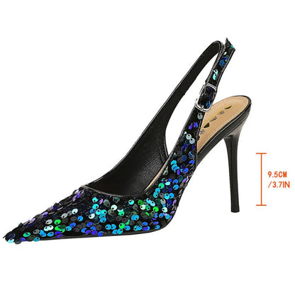 Glitter High Heels Pointed Toe Pumps Party Dress Shoes Golden Thin Heels Slingback Sandals Female Fashion