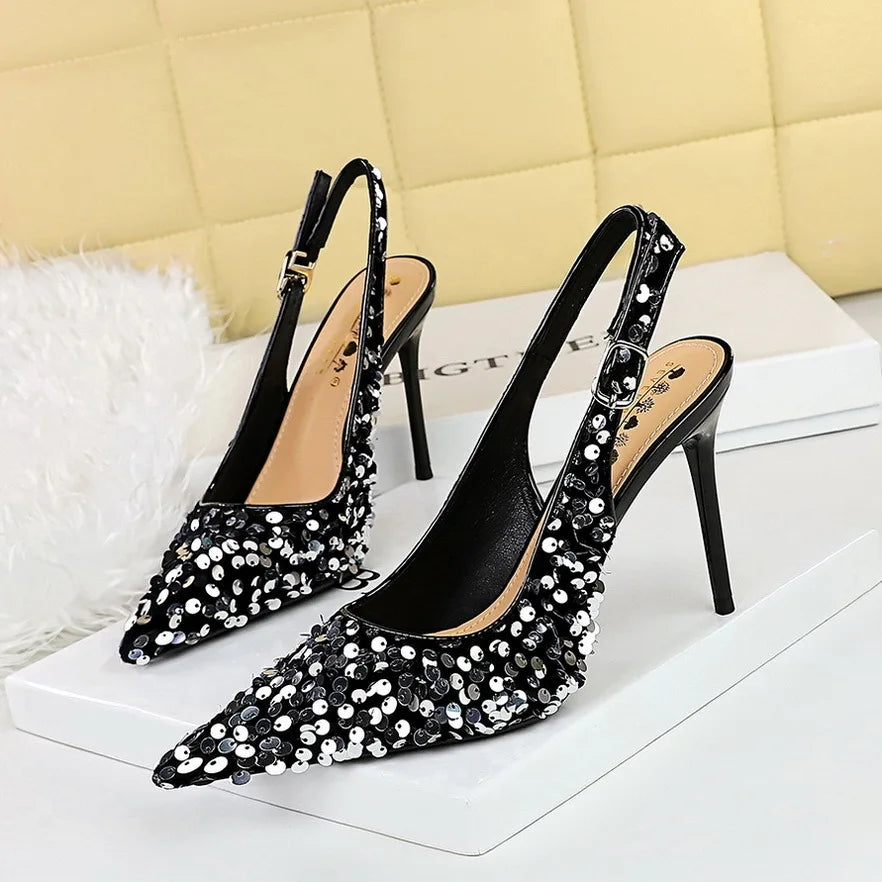 Glitter High Heels Pointed Toe Pumps Party Dress Shoes Golden Thin Heels Slingback Sandals Female Fashion