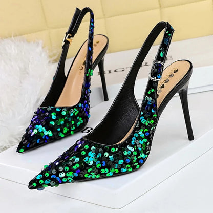 Glitter High Heels Pointed Toe Pumps Party Dress Shoes Golden Thin Heels Slingback Sandals Female Fashion