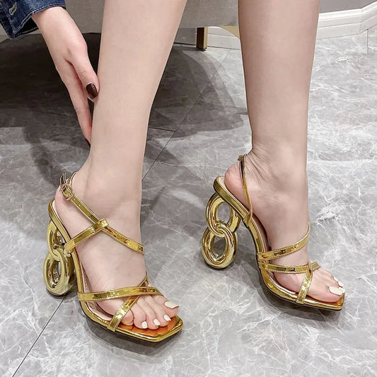 Gold Sexy Strange High Heels Gladiator Narrow Band Square ToeBuckle Strap Wedding Banquet Pumps High Heel