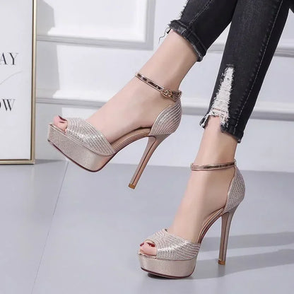 Women's Gold/Silver Rhinestone Platform Sandals with Peep Toe and Buckle Strap