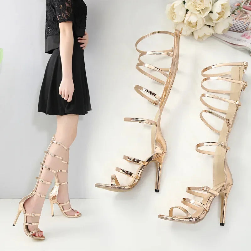 Golden 12Cm Thin High-heeled Gladiator Sandals for Women with Peep Toe and Hollow Buckle