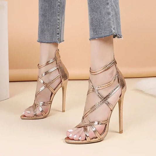 Golden Narrow Band Cross Strap Women Sandals Peep Toe Rear Zipper High Heels Banquet Shoes Mujer