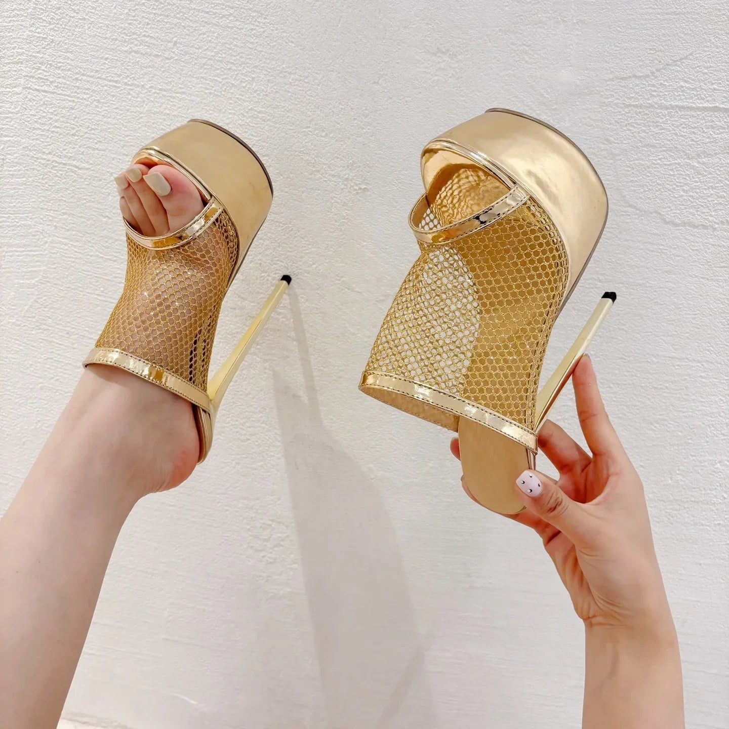 Golden/Silver Thin High Heel Slippers for Women - Platform Fish Mouth Mesh Breathable Sandals