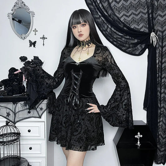 Dark Elegant Vintage Gothic Velvet Dresses Grunge Punk Style Flocked Bandage Flare Sleeve Party Dress