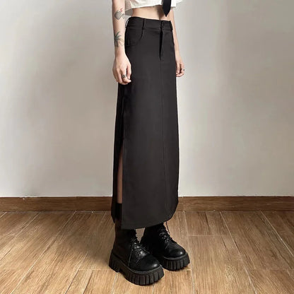 Goth Dark Streetwear Black Y2k Cargo Midi Grunge Gothic Split Sexy High Waist Skirt