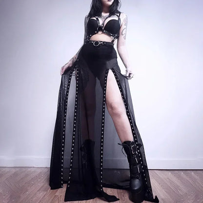 Goth Mesh Perspective Side Slit Lace Up Dark Aesthetical Summer Skirt