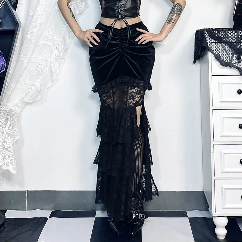 Gothic Folding Fishtail Multi-layer Splicing Split Woman Velvet High Waist Lace Patchwork Mermaid Skirt