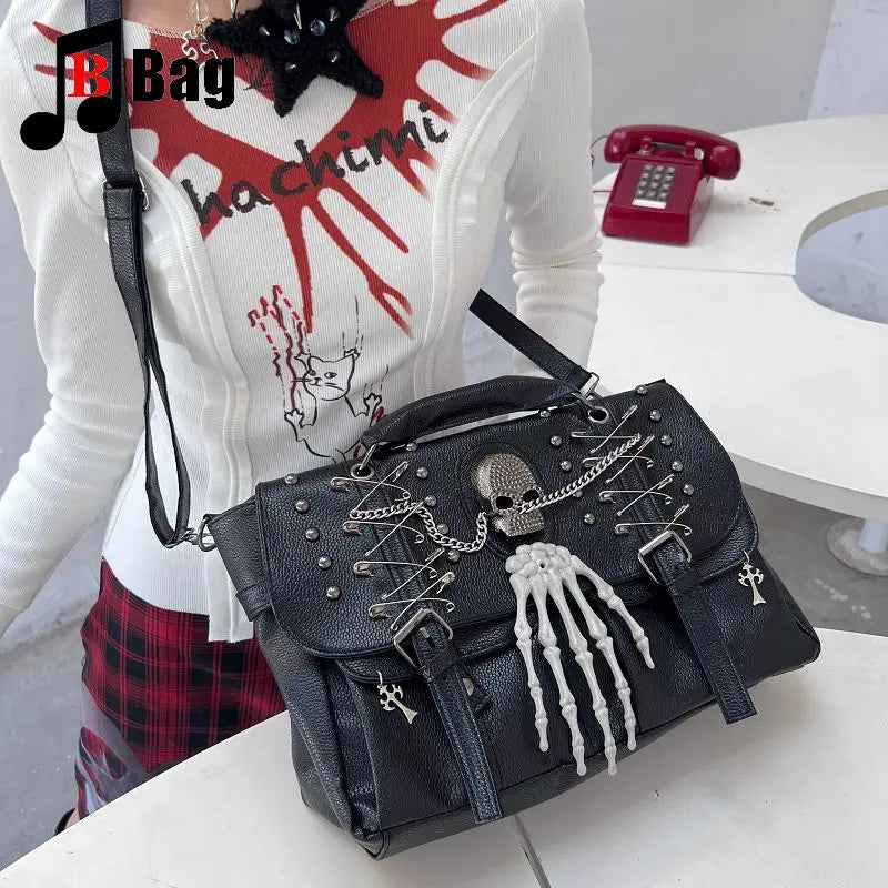 Gothic Lolita Harajuku Punk One Shoulder Y2K Rivet Chain Skull Bag