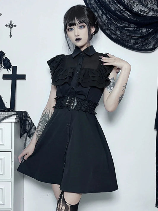 Gothic Mall Harajuku E Girl Mesh Patchwork Black Slim A Line Sexy Party Grunge Streetwear Dress