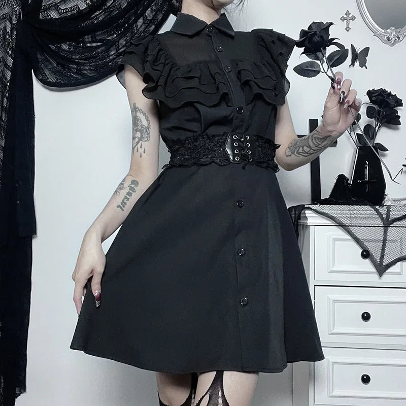 Gothic Mall Harajuku E Girl Mesh Patchwork Black Slim A Line Sexy Party Grunge Streetwear Dress