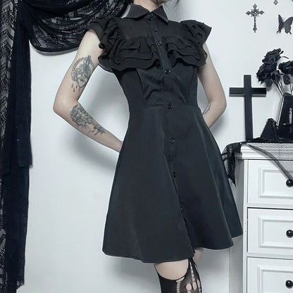 Gothic Mall Harajuku E Girl Mesh Patchwork Black Slim A Line Sexy Party Grunge Streetwear Dress