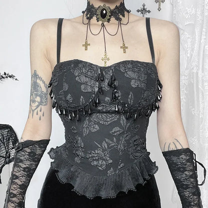 Gothic Retro Sexy Grunge Jacquard Bead Pendant Backless Crop Top