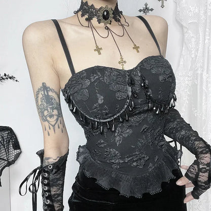 Gothic Retro Sexy Grunge Jacquard Bead Pendant Backless Crop Top