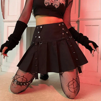 Gothic Diablo Harajuku Personality Spice Rivet Metal Buckle Streamer Low Waist A Version Short Pleated Skirt