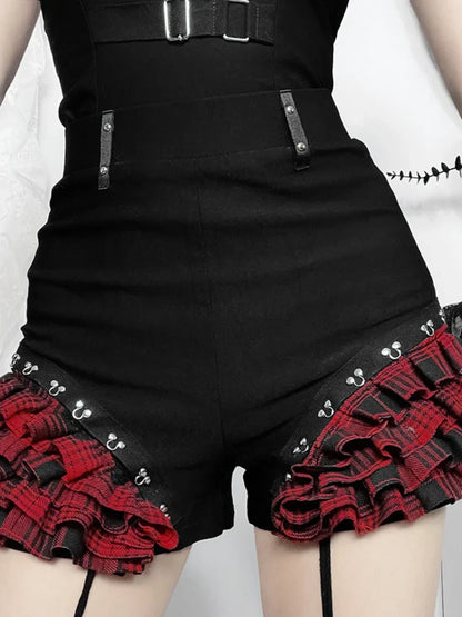 Gothic Summer 2024 New Arrival Landmine Series Plaid Patchwork Shorts Spicy Girl Halter Waist-Cinch Y2K Vest Skirt