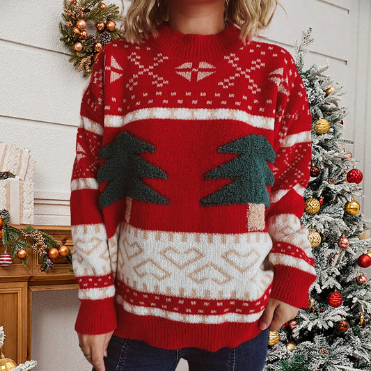 Fashion Tree Embroidery Casual Loose Retro Green Christmas Christmas Sweater