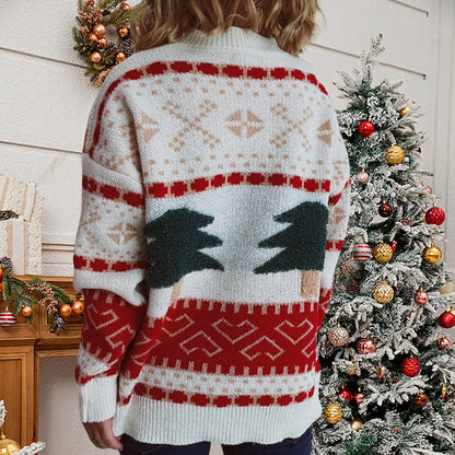 Fashion Tree Embroidery Casual Loose Retro Green Christmas Christmas Sweater