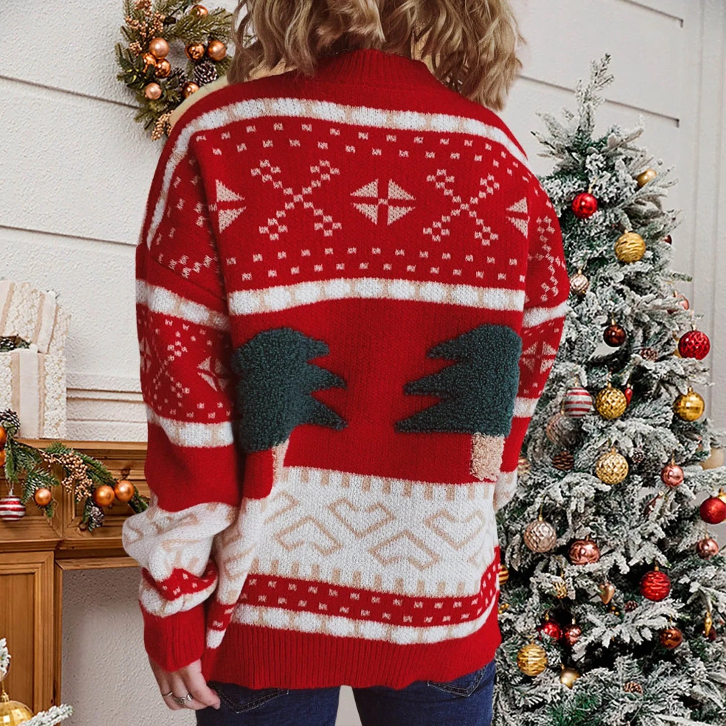 Fashion Tree Embroidery Casual Loose Retro Green Christmas Christmas Sweater