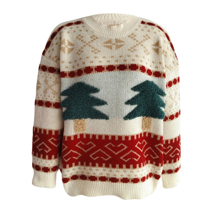 Fashion Tree Embroidery Casual Loose Retro Green Christmas Christmas Sweater