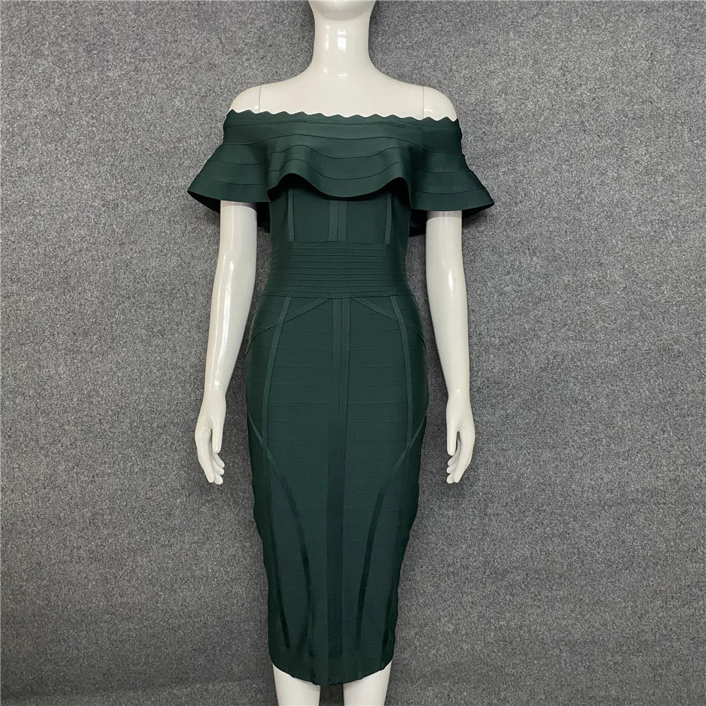 Green Ladies Bandage Dress Ruffles Slash Neck Bodycon Knee-Length Christmas Party Dress