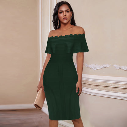 Green Ladies Bandage Dress Ruffles Slash Neck Bodycon Knee-Length Christmas Party Dress