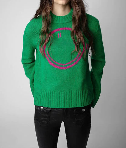 Happy Face Casual Fashion Round Neck Wool Knitted Green Christmas Sweater