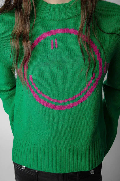 Happy Face Casual Fashion Round Neck Wool Knitted Green Christmas Sweater