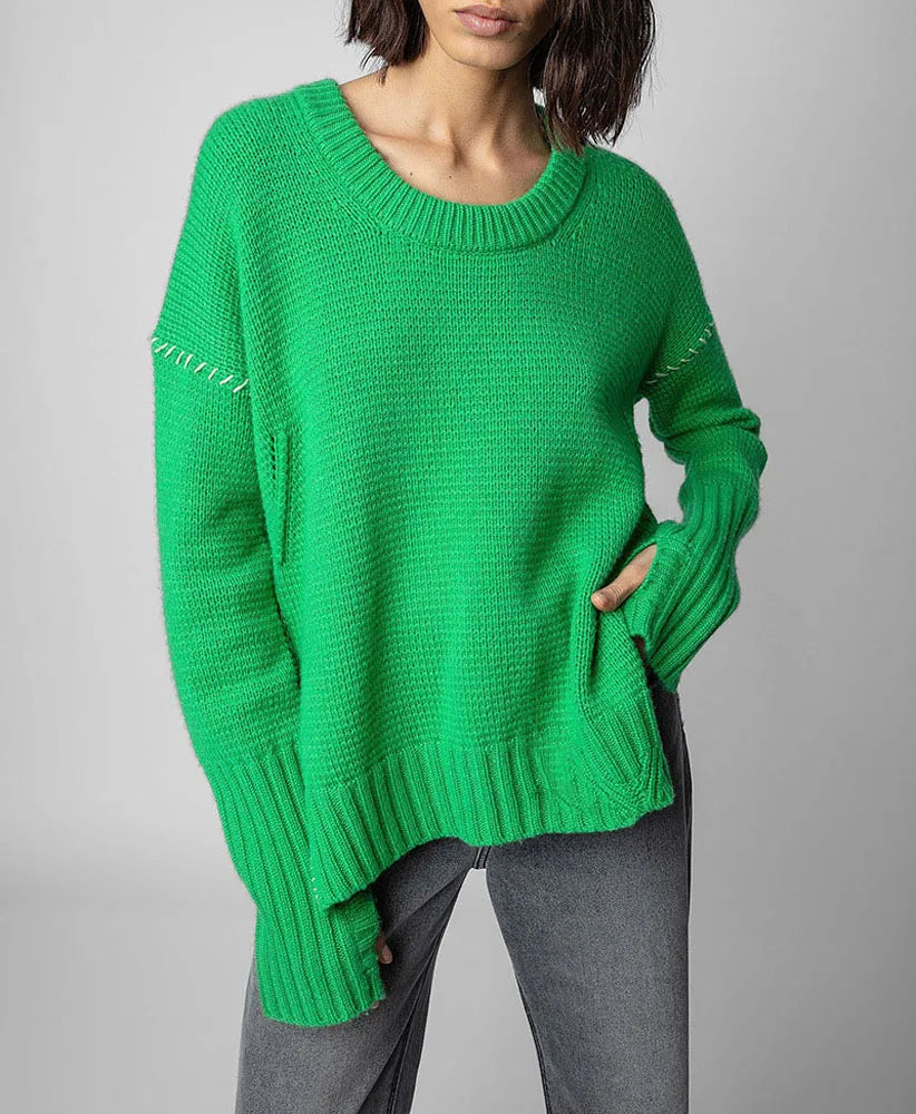 Hand-Woven Loose O-Neck Slit Hem Green Autumn Winter Christmas Sweater