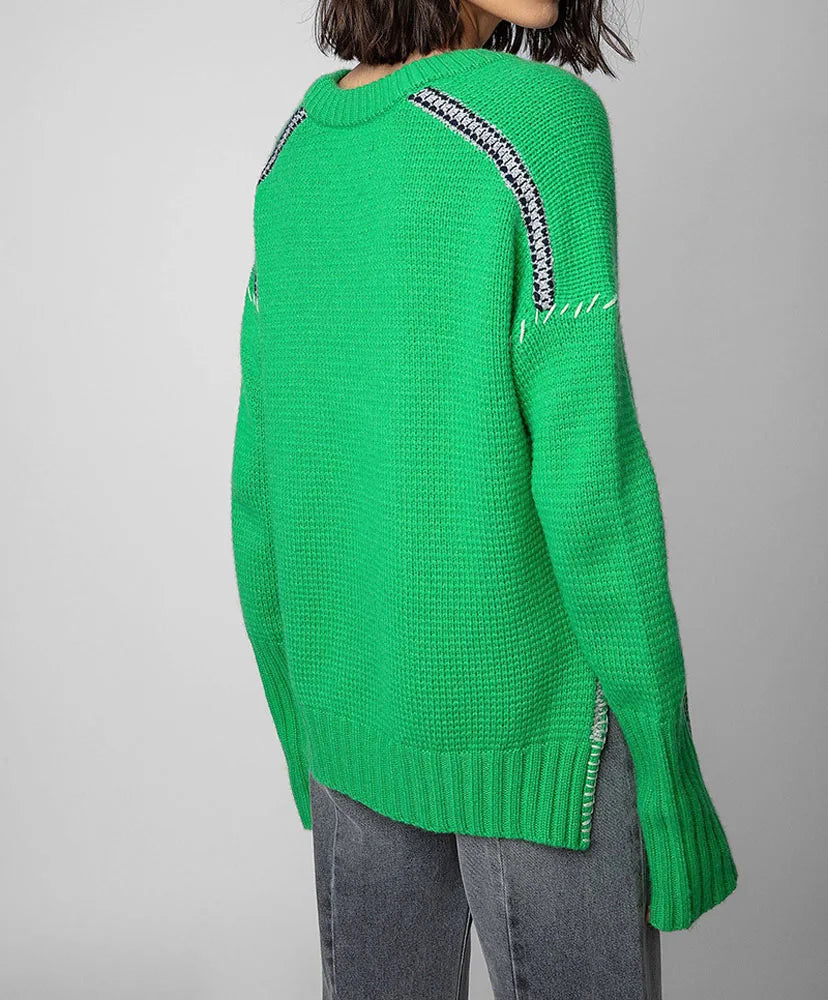 Hand-Woven Loose O-Neck Slit Hem Green Autumn Winter Christmas Sweater