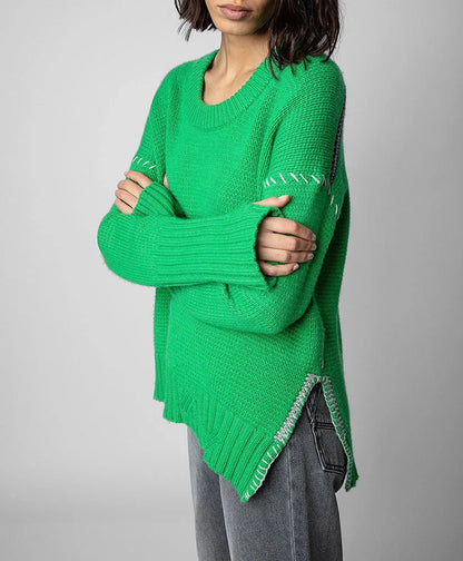 Hand-Woven Loose O-Neck Slit Hem Green Autumn Winter Christmas Sweater