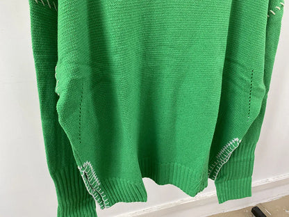 Hand-Woven Loose O-Neck Slit Hem Green Autumn Winter Christmas Sweater